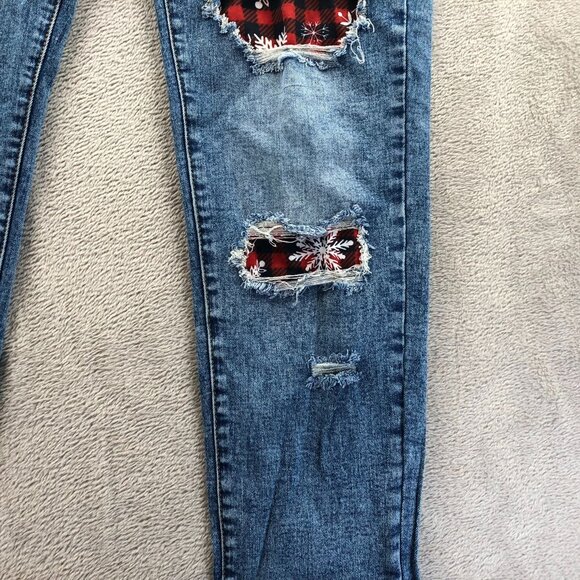 Women Jeans Large Skinny Leg Distressed Christmas Reindeer Y2K Casual Blue Denim - Picture 11 of 16